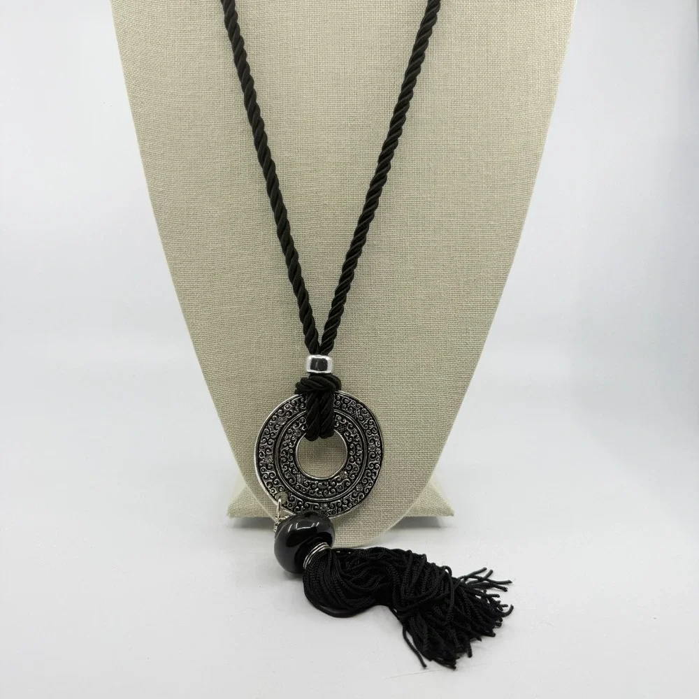 Necklace Vintage Black Cord Tassel Silver Tone Rhinestone Circle Pendant Boho